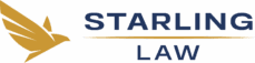 Starling Law Logo text with an image of a bird flying beside the text in full color, blue and gold