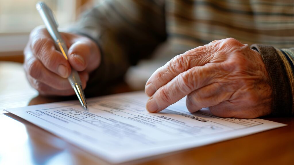 senior man filling out probate paperwork on a table with a pen